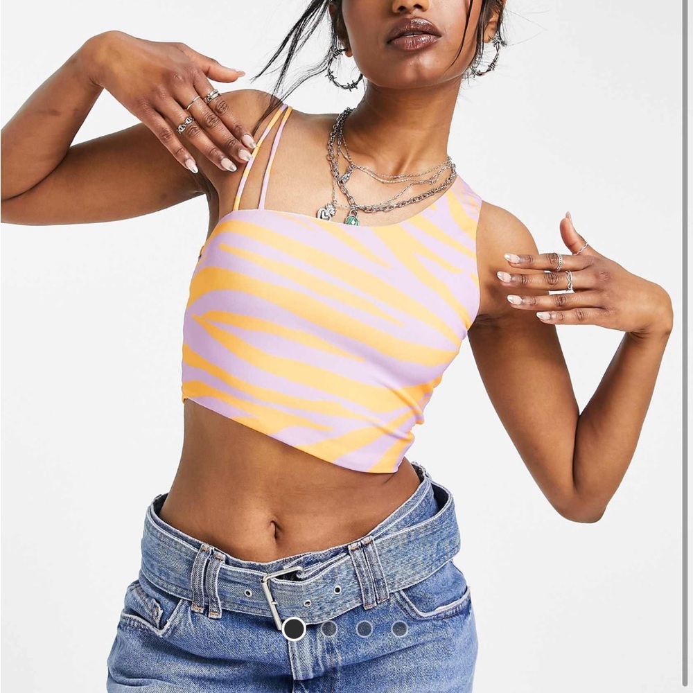 Bershka Purple and Orange One-Shoulder Zebra Crop top